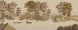 Hand-painted panelled mural wallcovering depicting French sitting nook toile in soft tones, installed across a sitting nook.