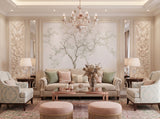 Hand-painted panelled mural wallcovering depicting château salon toile in classic tones, installed across a salon.