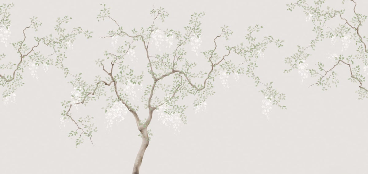 Hand-painted panelled mural wallcovering depicting château salon toile in classic tones, installed across a salon.