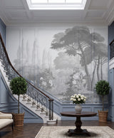 Hand-painted panelled mural wallcovering depicting hallway vista landscape in muted tones, installed across a hallway.