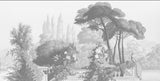 Hand-painted panelled mural wallcovering depicting hallway vista landscape in muted tones, installed across a hallway.