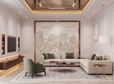 Hand-painted panelled mural wallcovering depicting quiet horizon wall texture in soft neutral tones, installed across a feature wall.