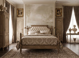 Hand-painted panelled mural wallcovering depicting classical bedroom idyll in soft tones, installed across a bedroom.