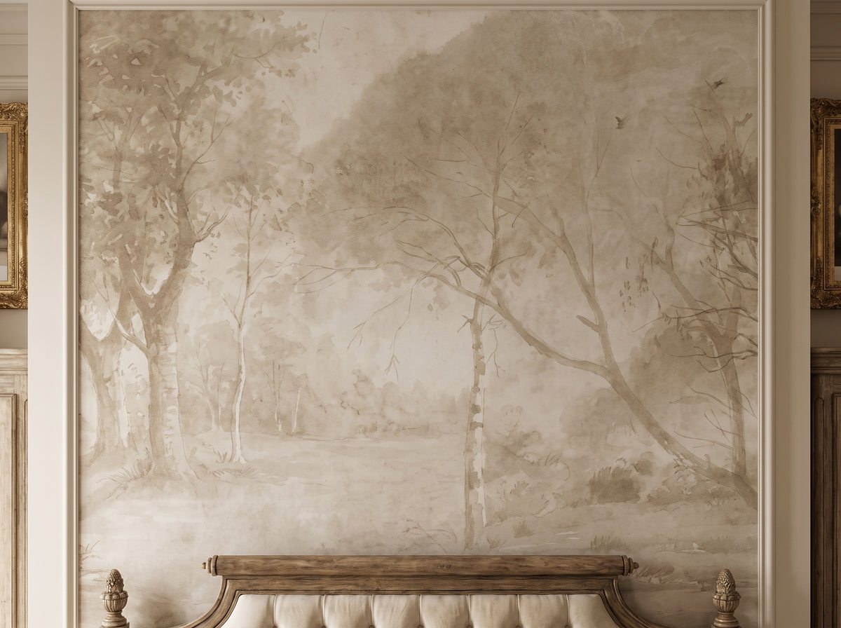 Hand-painted panelled mural wallcovering depicting classical bedroom idyll in soft tones, installed across a bedroom.