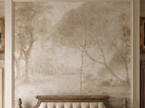 Hand-painted panelled mural wallcovering depicting classical bedroom idyll in soft tones, installed across a bedroom.