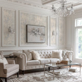 Vinyl-print wallcovering in a cool-toned flowering-branch motif with powder-blue blossoms, shown applied to a living-room wall.