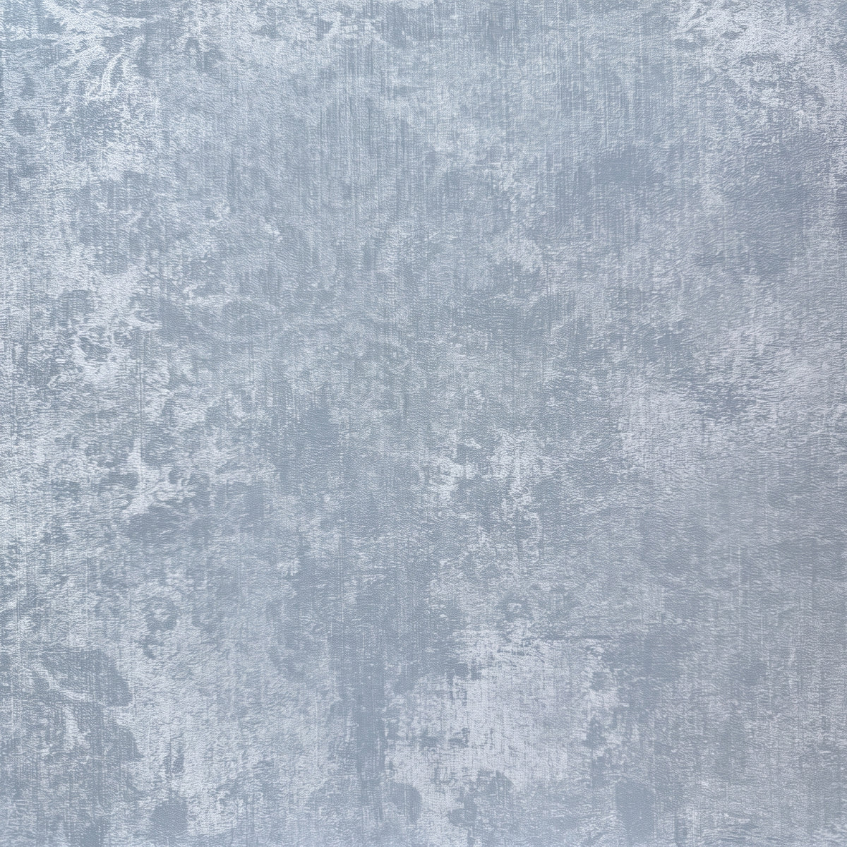 Vinyl-print wallcovering in a blue-grey tonal damask scroll motif, shown applied to a wall panel.