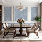 Vinyl-print wallcovering in a blue-grey tonal damask scroll motif, shown applied to a wall panel.