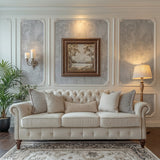Vinyl-print wallcovering in a fine broken-outline grey damask motif, shown applied to a wall panel.