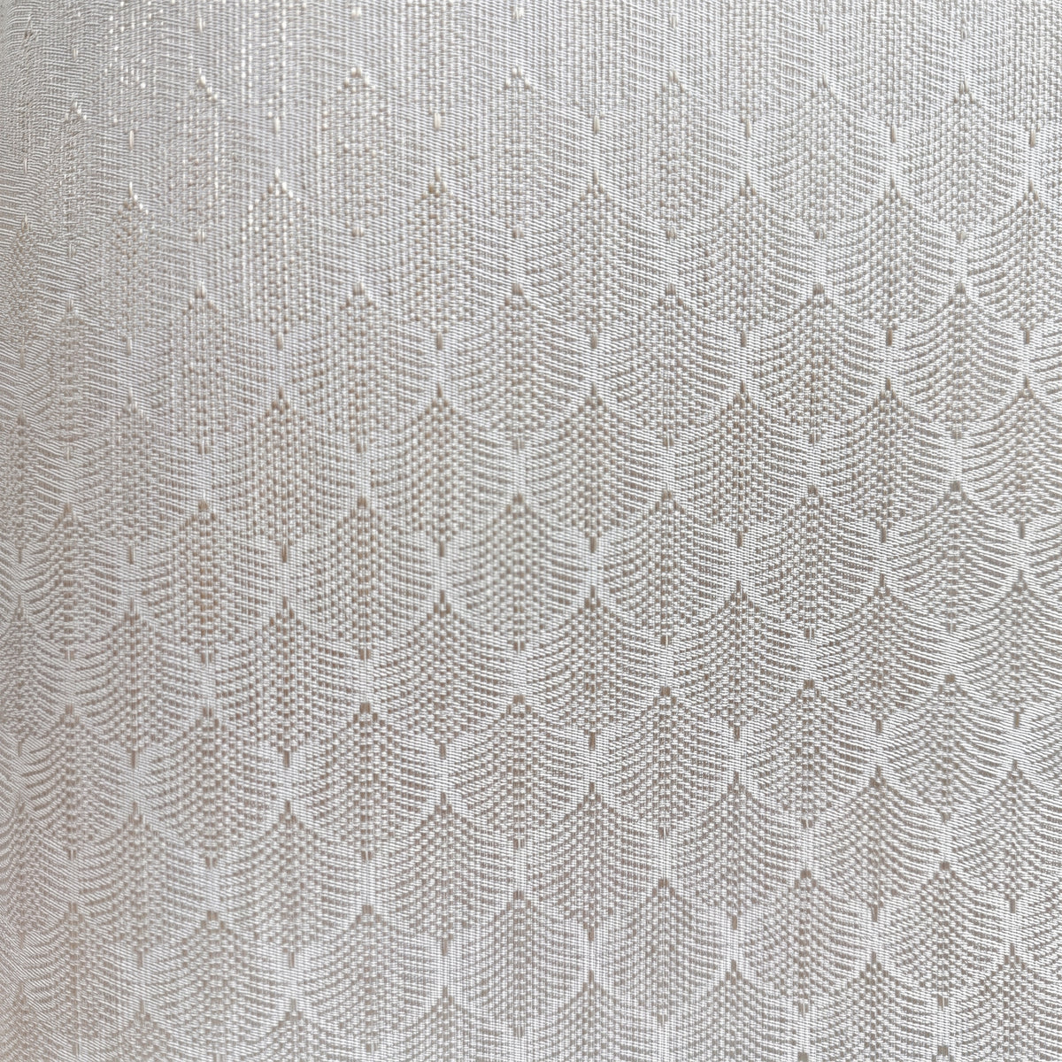 Vinyl-print wallcovering in a bright ivory diamond-arrow weave motif, shown as a product swatch.