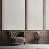 Vinyl-print wallcovering in a bright ivory diamond-arrow weave motif, shown as a product swatch.
