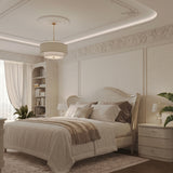 Plain tonal textured vinyl-backed wallcovering in coarse basket-weave finish, greige ground, shown applied to a bedroom wall.