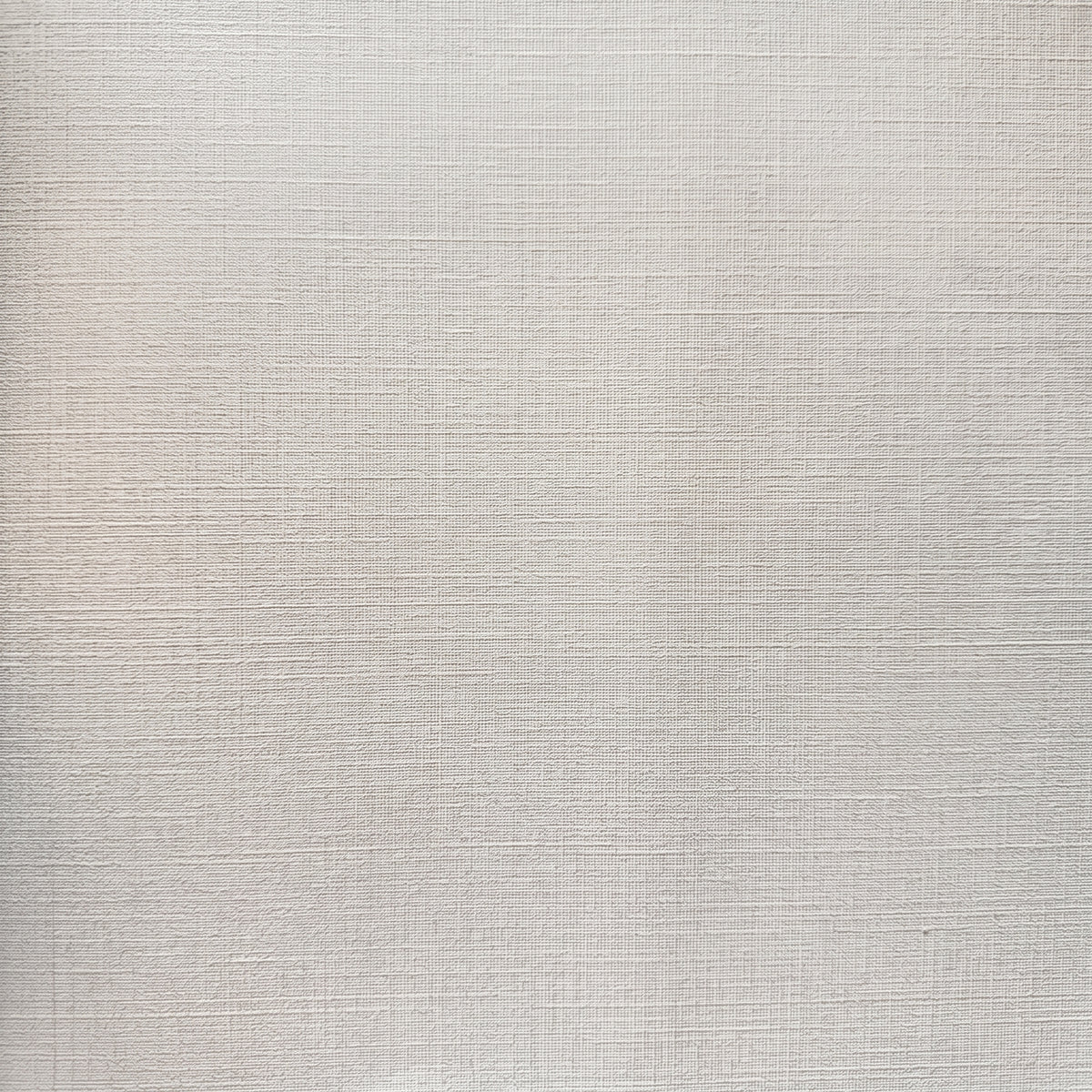Plain tonal textured vinyl-backed wallcovering in coarse basket-weave finish, greige ground, shown applied to a bedroom wall.