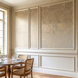 Vinyl-print wallcovering in a gold-foil ornate damask motif on greige ground, shown as a product swatch.