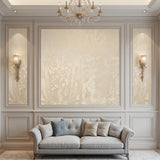 Vinyl-print wallcovering in a champagne-gold damask motif on cream ground, shown applied to a wall panel.