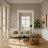 Vinyl-print wallcovering in a warm taupe herringbone-chevron weave motif, shown applied to a wall panel.