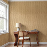Vinyl-print wallcovering in a tan-and-gold vertical basket-weave motif, shown as a product swatch.