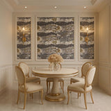 Vinyl-print wallcovering in an abstract marbled wave motif in grey, cream and gold, shown as a product swatch.