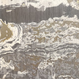 Vinyl-print wallcovering in an abstract marbled wave motif in grey, cream and gold, shown as a product swatch.