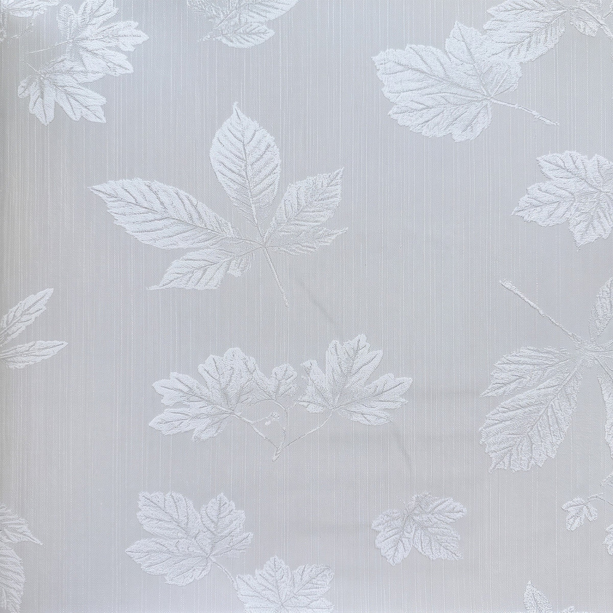 Vinyl-print wallcovering in a scattered white maple-leaf motif on warm grey ground, shown as a product swatch.