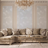 Vinyl-print wallcovering in a scattered white maple-leaf motif on warm grey ground, shown as a product swatch.