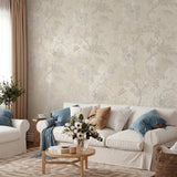 Vinyl-print wallcovering in a tone-on-tone ivory jacquard floral motif, shown as a product swatch.