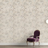 Vinyl-print wallcovering in a large-scale grey-and-white peony floral motif, shown as a product swatch.