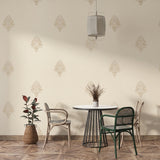 Vinyl-print wallcovering in a fine cream damask medallion motif, shown as a product swatch.