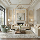 Vinyl-print wallcovering in a cream-and-gold corner-scroll floral motif, shown as a product swatch.