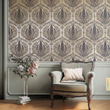 Vinyl-print wallcovering in a slender cypress-frond botanical motif on ivory ground, shown as a product swatch.