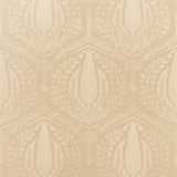 Vinyl-print wallcovering in a bronze pinecone-and-frond motif on woven taupe ground, shown as a product swatch.
