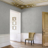 Plain tonal textured vinyl-backed wallcovering in crisp linen-weave finish, grey ground, shown as a product swatch.