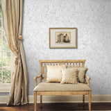Vinyl-print wallcovering in a scrolling damask motif over a ribbed woven ground, shown as a product swatch.