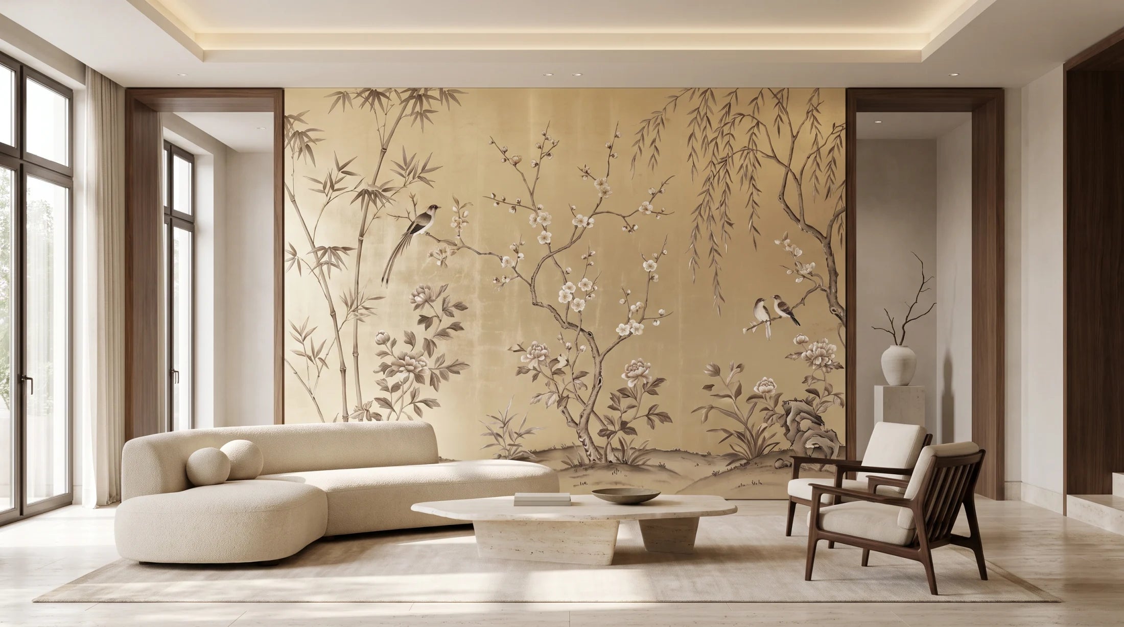 Contemporary reception with a gold chinoiserie mural of blossoms, bamboo and birds