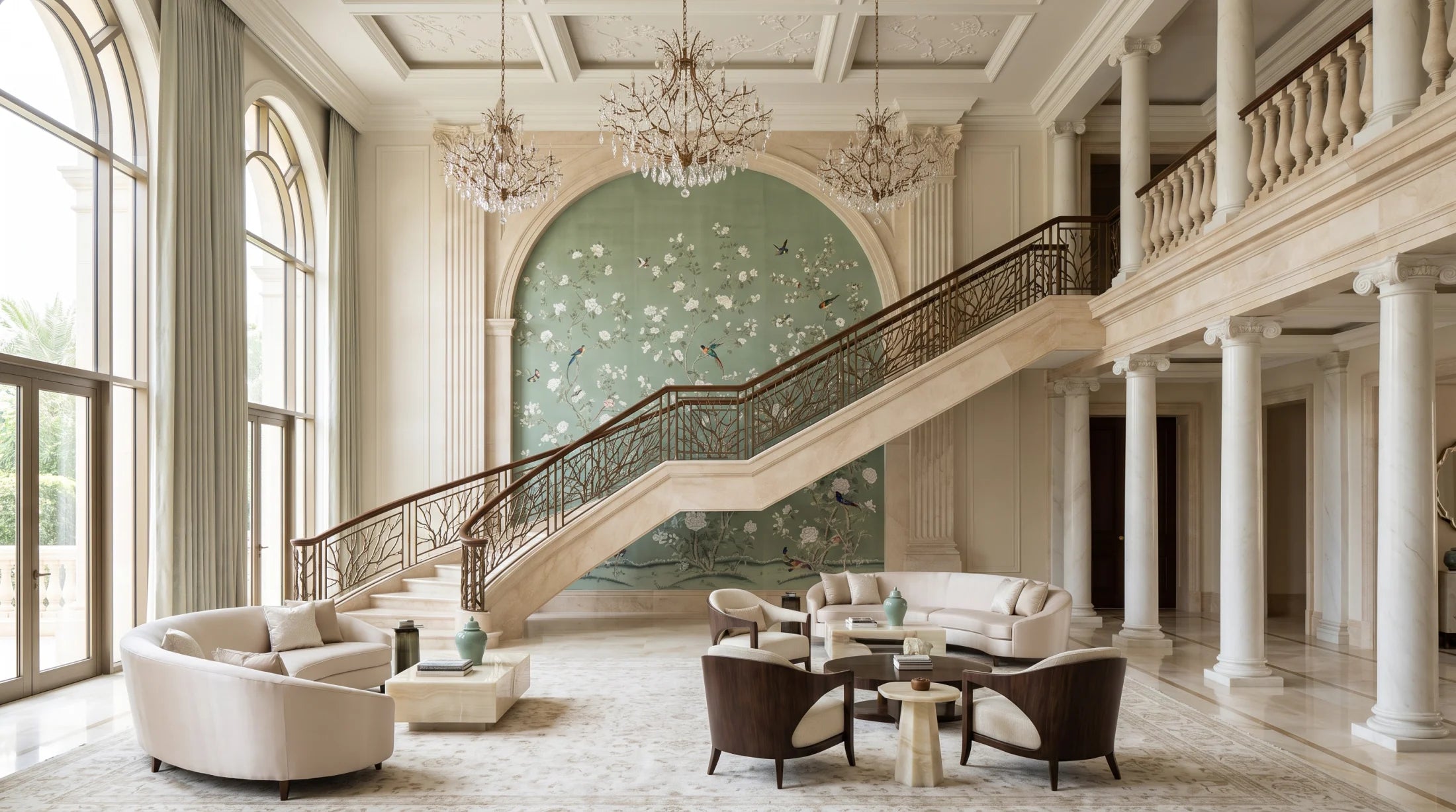 Double-height palace hall with a sage chinoiserie mural behind the grand staircase