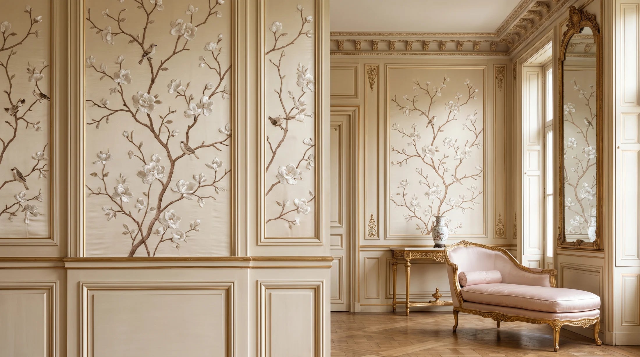 Classical salon with blossom and bird wallcoverings framed by gilded mouldings