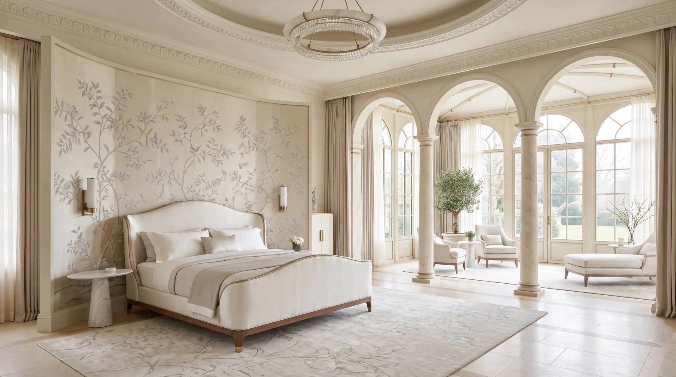 Palace bedroom with a pale botanical wallcovering and arched winter garden